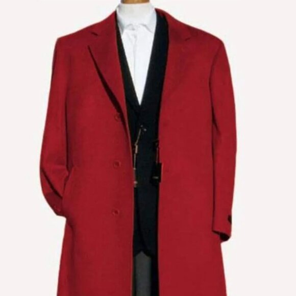 Red Trench Coat - Long Red Coat - Mens Red Peacoat - Mens Red Overcoat - Wool Fa - Picture 1 of 2